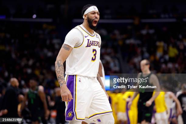 Anthony Davis of the Los Angeles Lakers reacts to a play during a game against the New Orleans Pelicans at Smoothie King Center on April 14, 2024 in...