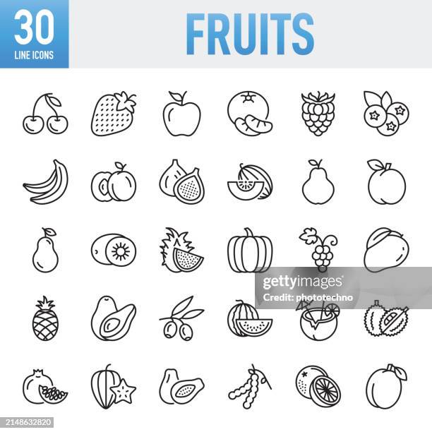 fruits - thin line vector icon set. pixel perfect. for mobile and web. the set contains icons: fruit, healthy eating, healthy lifestyle, strawberry, apple - fruit, orange - fruit, grape, blueberry, avocado, mango fruit, healthy eating, healthy lifestyle - beere obst stock-grafiken, -clipart, -cartoons und -symbole