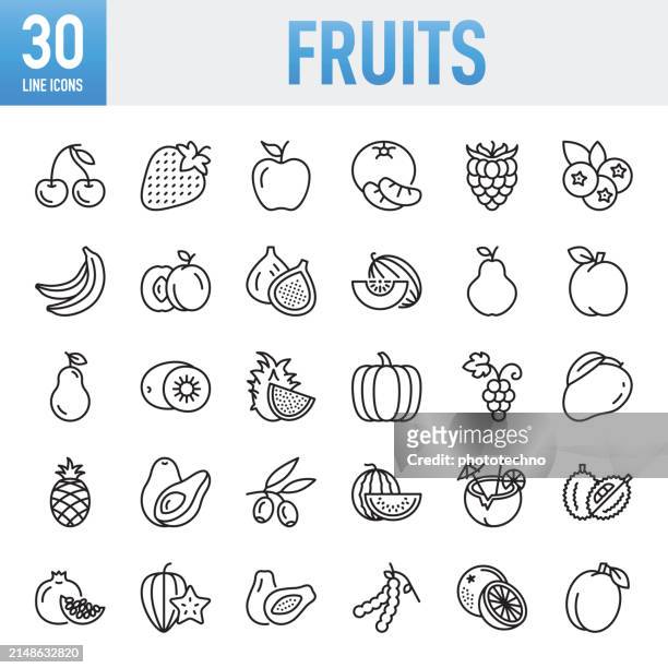 fruits - thin line vector icon set. pixel perfect. for mobile and web. the set contains icons: fruit, healthy eating, healthy lifestyle, strawberry, apple - fruit, orange - fruit, grape, blueberry, avocado, mango fruit, healthy eating, healthy lifestyle - pineapple plant stock illustrations