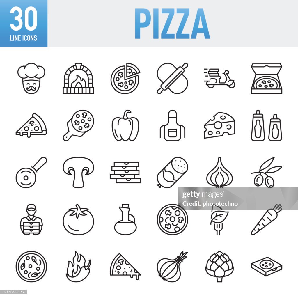 Pizza - Thin line vector icon set. Pixel perfect. For Mobile and Web. The set contains icons: Pizza, Slice of Food, Rolling Pin, Pizzeria, Pizza Box, Pizza Oven, Pizza Cutter, Pizza Delivery Person, Edible Mushroom, Tomato, Cheese, Dough