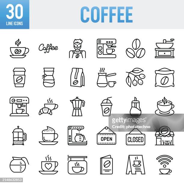 coffee - thin line vector icon set. pixel perfect. for mobile and web. the set contains icons: coffee - drink, coffee break, cafe, cup, drink, coffee shop, cafeteria - sugary coffee drink stock illustrations
