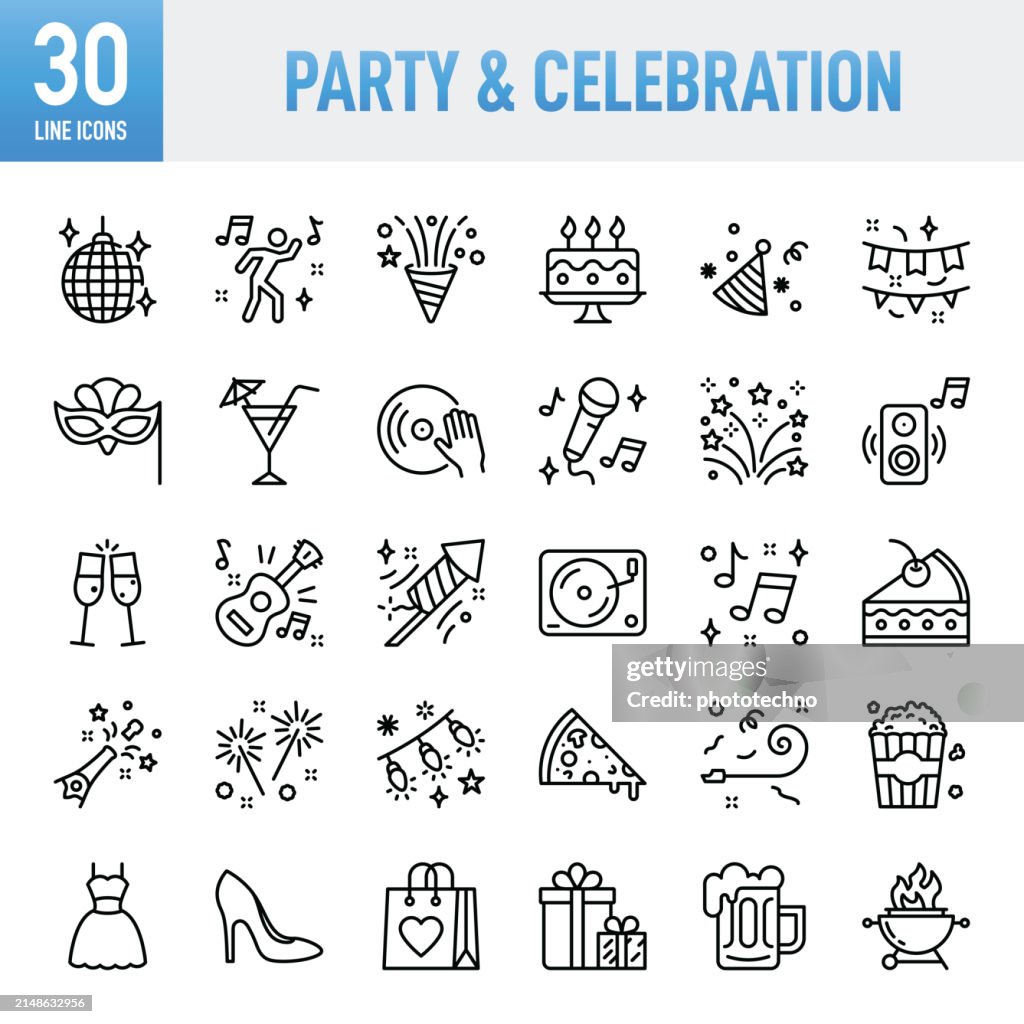 Party & Celebration - Thin line vector icon set. Pixel perfect. For Mobile and Web. The set contains icons: Party - Social Event, Event, Birthday, Celebration, Music, Firework Display, Balloon, Firework - Explosive Material, Confetti, Nightlife