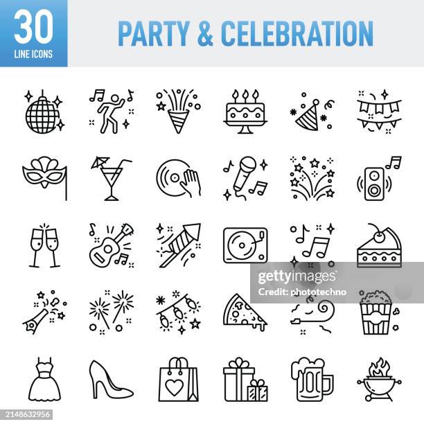 party & celebration - thin line vector icon set. pixel perfect. for mobile and web. the set contains icons: party - social event, event, birthday, celebration, music, firework display, balloon, firework - explosive material, confetti, nightlife - banquet icon stock illustrations