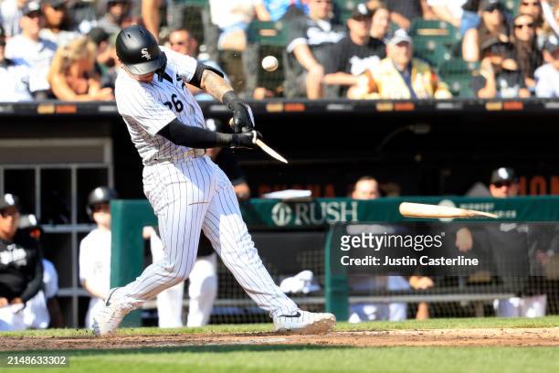 Korey Lee of the Chicago White Sox breaks his bat as he grounds out during the seventh inning in the game against the Cincinnati Reds at Guaranteed...