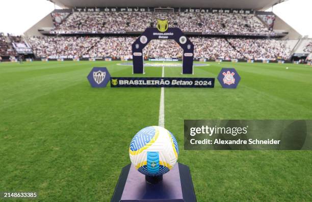 The official ball of Brasileirao Series A 2024 is seen before a match between Corinthians and Atletico MG as part of Brasileirao Series A at Neo...