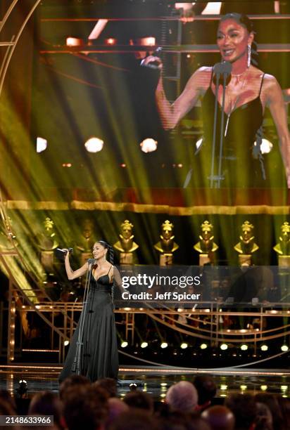 Nicole Scherzinger with the Best Actress in a Musical award on stage during The Olivier Awards 2024 at The Royal Albert Hall on April 14, 2024 in...