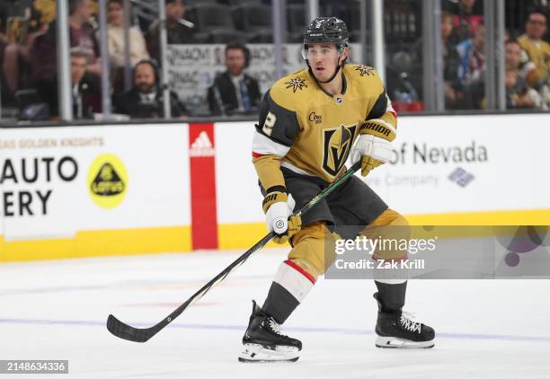 Zach Whitecloud of the Vegas Golden Knights skates during the second period against the Colorado Avalanche at T-Mobile Arena on April 14, 2024 in Las...