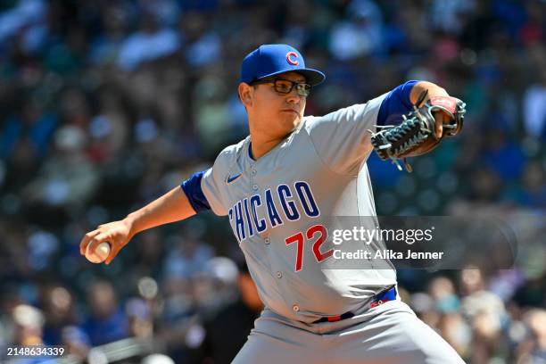 Javier Assad of the Chicago Cubs throws a pitch during the second inning against the Seattle Mariners at T-Mobile Park on April 14, 2024 in Seattle,...