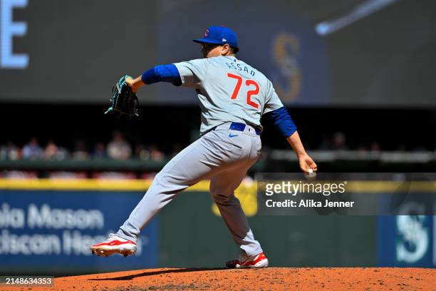 Javier Assad of the Chicago Cubs throws a pitch during the third inning against the Seattle Mariners at T-Mobile Park on April 14, 2024 in Seattle,...