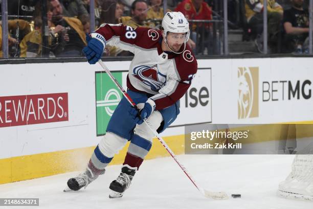 Miles Wood of the Colorado Avalanche skates during the second period against the Vegas Golden Knights at T-Mobile Arena on April 14, 2024 in Las...