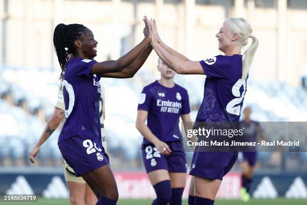 Naomie Feller player of Real Madrid celebrates with her teammate Sofie Svava after scoring 3-0 during the Liga F match between Real Madrid and...