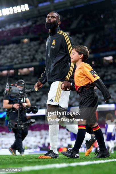 Antonio Rudiger of Real Madrid looks on prior the game the UEFA Champions League quarter-final first leg match between Real Madrid CF and Manchester...