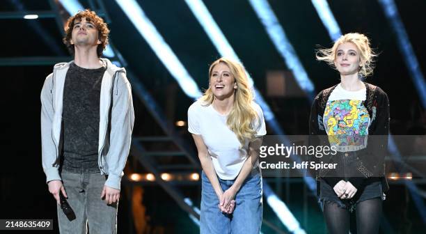Jack Wolfe, Caissie Levy and Eleanor Worthington-Cox perform on stage during The Olivier Awards 2024 at The Royal Albert Hall on April 14, 2024 in...