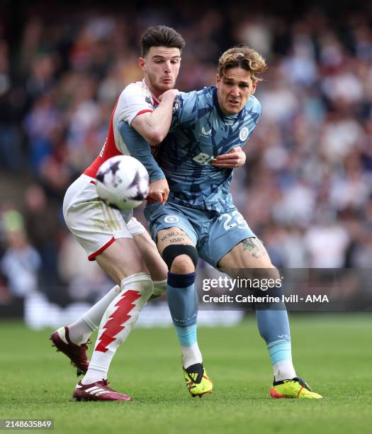 Declan Rice of Arsenal and Nicolo Zaniolo of Aston Villa during the Premier League match between Arsenal FC and Aston Villa at Emirates Stadium on...