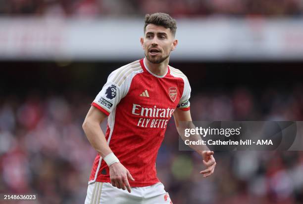 Jorginho of Arsenal during the Premier League match between Arsenal FC and Aston Villa at Emirates Stadium on April 14, 2024 in London, England.