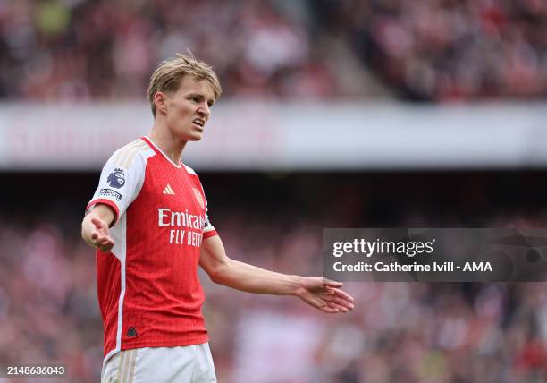 Martin Odegaard of Arsenal during the Premier League match between Arsenal FC and Aston Villa at Emirates Stadium on April 14, 2024 in London,...