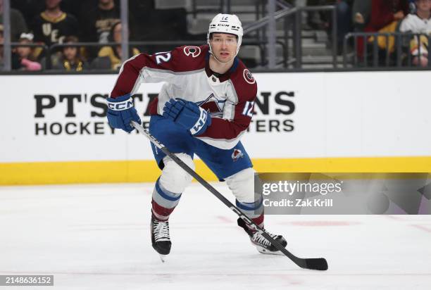 Brandon Duhaime of the Colorado Avalanche skates during the third period against the Vegas Golden Knights at T-Mobile Arena on April 14, 2024 in Las...