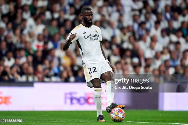 Antonio Rudiger of Real Madrid passing the ball during the UEFA Champions League quarter-final first leg match between Real Madrid CF and Manchester...