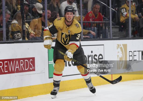 Brayden McNabb of the Vegas Golden Knights skates during the third period against the Colorado Avalanche at T-Mobile Arena on April 14, 2024 in Las...