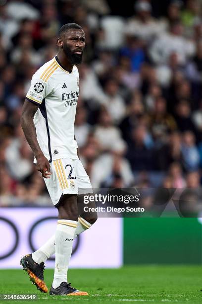 Antonio Rudiger of Real Madrid looks on during the UEFA Champions League quarter-final first leg match between Real Madrid CF and Manchester City at...