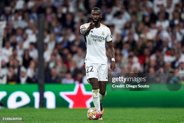 Antonio Rudiger of Real Madrid reacts during the UEFA Champions League quarter-final first leg match between Real Madrid CF and Manchester City at...