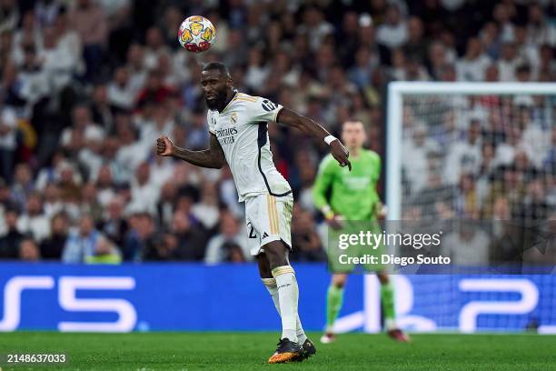Antonio Rudiger of Real Madrid heading a ball during the UEFA Champions League quarter-final first leg match between Real Madrid CF and Manchester...