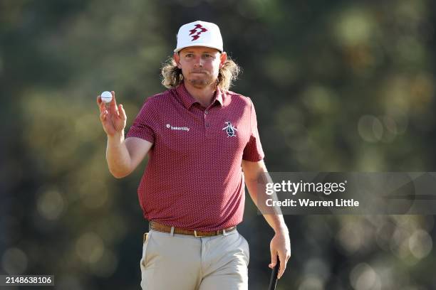 Cameron Smith of Australia reacts on the 18th green during the final round of the 2024 Masters Tournament at Augusta National Golf Club on April 14,...