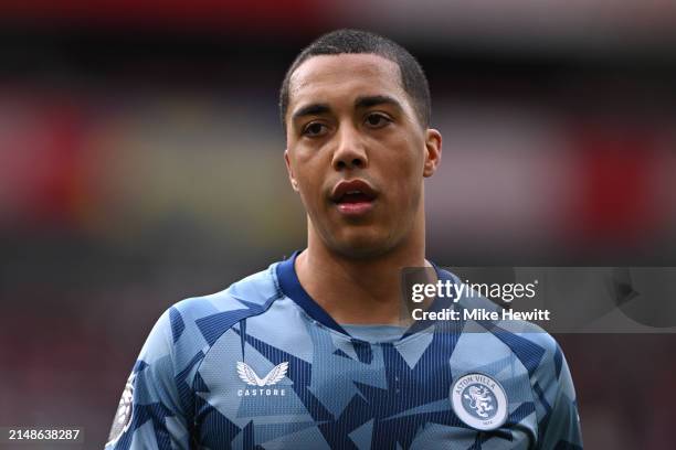 Youri Tielemans of Aston Villa looks on during the Premier League match between Arsenal FC and Aston Villa at Emirates Stadium on April 14, 2024 in...