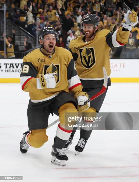 Tomas Hertl of the Vegas Golden Knights celebrates after scoring the game-winning goal to defeat Colorado Avalanche at T-Mobile Arena on April 14,...