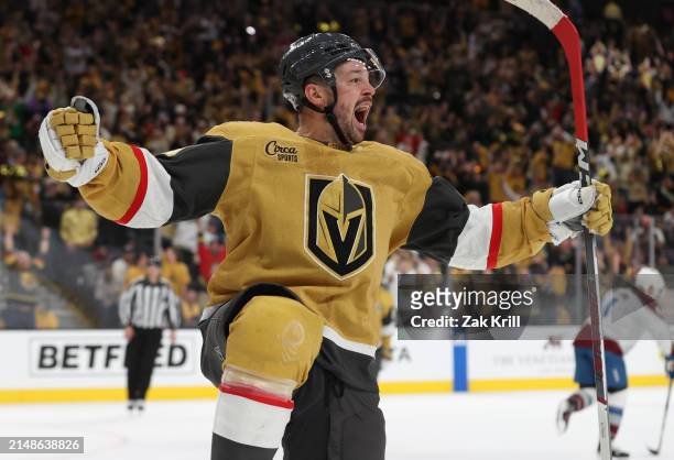 Tomas Hertl of the Vegas Golden Knights celebrates after scoring the game-winning goal to defeat Colorado Avalanche at T-Mobile Arena on April 14,...