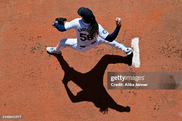 Luis Castillo of the Seattle Mariners warms up before the game against the Chicago Cubs at T-Mobile Park on April 14, 2024 in Seattle, Washington....