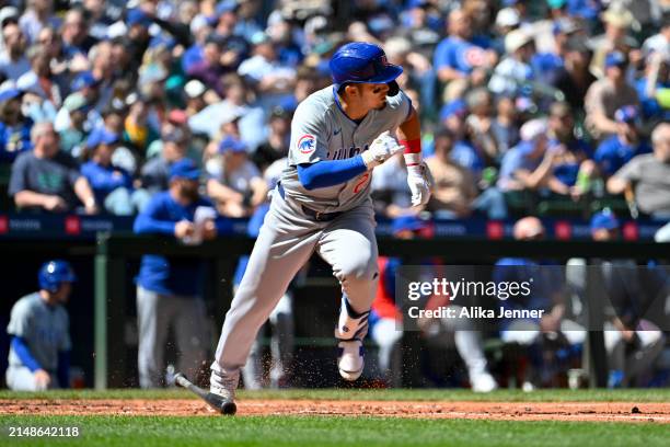 Seiya Suzuki of the Chicago Cubs hits a single during the fifth inning against the Seattle Mariners at T-Mobile Park on April 14, 2024 in Seattle,...