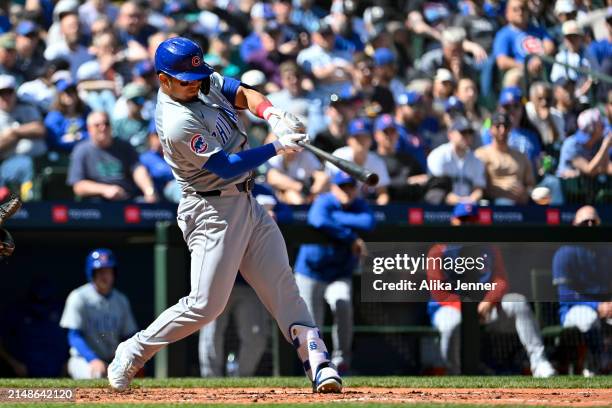 Seiya Suzuki of the Chicago Cubs hits a single during the fifth inning against the Seattle Mariners at T-Mobile Park on April 14, 2024 in Seattle,...