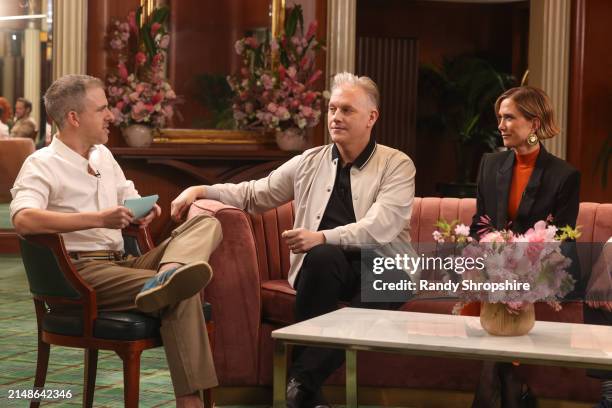 Mikey O’Connell interviews Abe Sylvia and Kristen Wiig during Closer Look: ATV "Palm Royale" at The Beverly Hills Hotel on April 14, 2024 in Beverly...