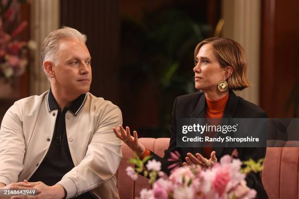 Abe Sylvia and Kristen Wiig are interviewed during Closer Look: ATV "Palm Royale" at The Beverly Hills Hotel on April 14, 2024 in Beverly Hills,...