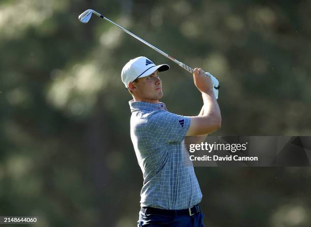 Ludvig Aberg of Sweden plays his second shot on the 14th hole during the final round of the 2024 Masters Tournament at Augusta National Golf Club on...