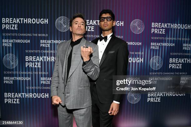 Robert Downey Jr. And Samay Godika attend the 10th Breakthrough Prize Ceremony at the Academy of Motion Picture Arts and Sciences on April 13, 2024...