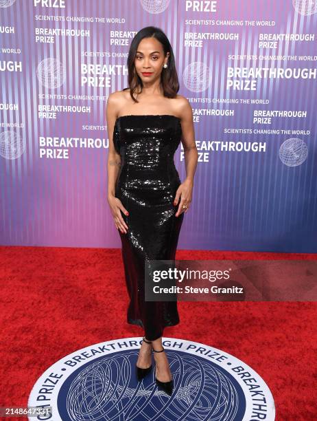 Zoe Saldana arrives at the 10th Annual Breakthrough Prize Ceremony at Academy Museum of Motion Pictures on April 13, 2024 in Los Angeles, California.