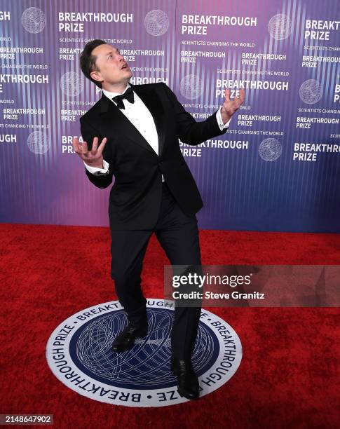 Elon Musk arrives at the 10th Annual Breakthrough Prize Ceremony at Academy Museum of Motion Pictures on April 13, 2024 in Los Angeles, California.