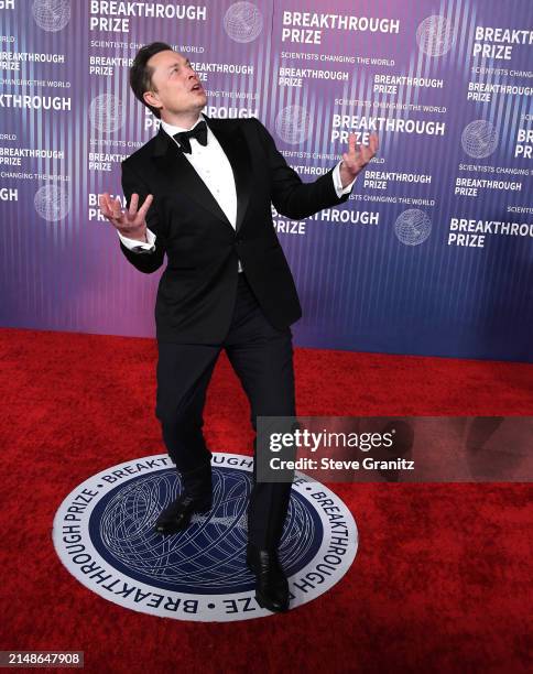 Elon Musk arrives at the 10th Annual Breakthrough Prize Ceremony at Academy Museum of Motion Pictures on April 13, 2024 in Los Angeles, California.