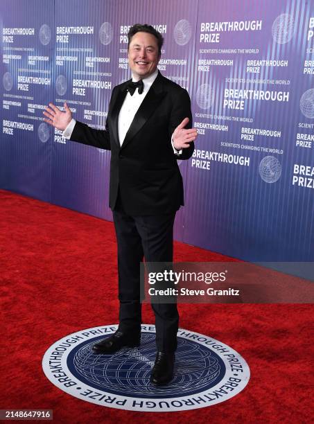 Elon Musk arrives at the 10th Annual Breakthrough Prize Ceremony at Academy Museum of Motion Pictures on April 13, 2024 in Los Angeles, California.