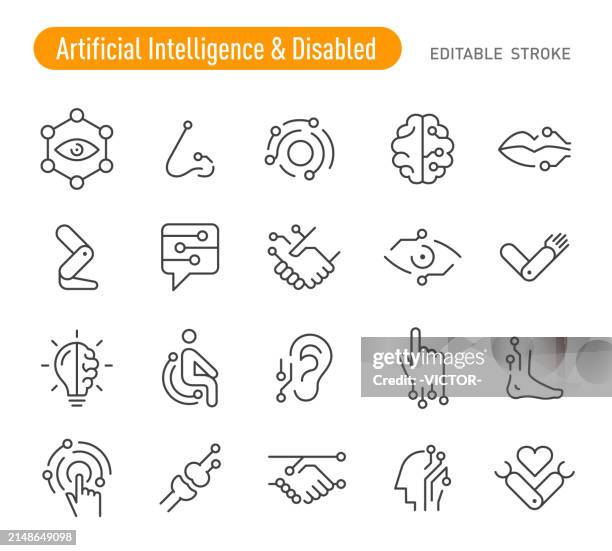 artificial intelligence and disabled icons - line series - machine learning icon editable stroke stock illustrations