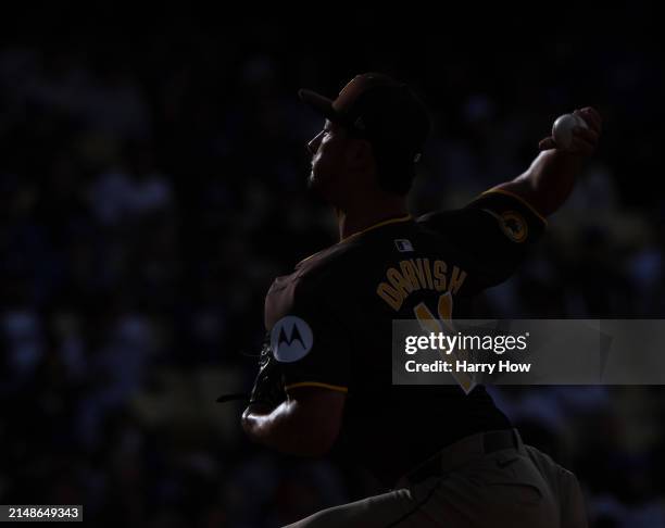 Yu Darvish of the San Diego Padres pitches during the third inning against the Los Angeles Dodgers at Dodger Stadium on April 14, 2024 in Los...