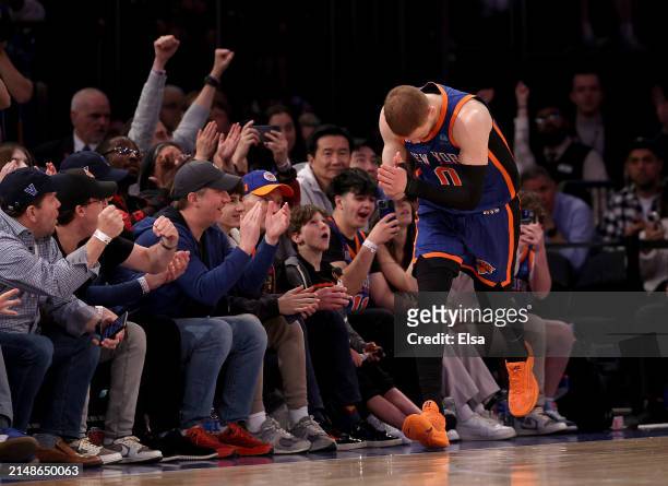 Donte DiVincenzo of the New York Knicks celebrates his three point shot during the second half against the Chicago Bulls at Madison Square Garden on...