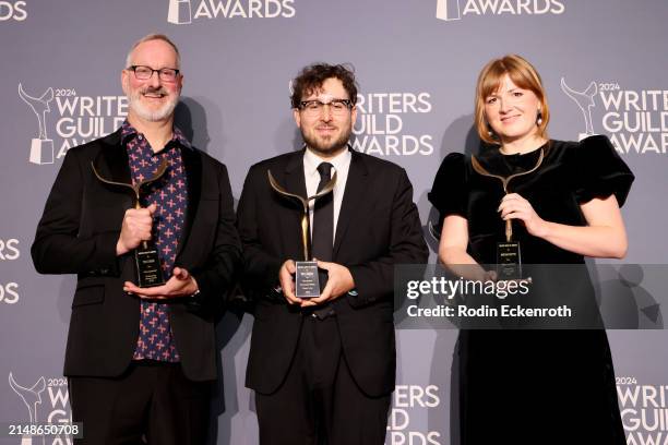 Ted Cohen, Will Arbery, and Miriam Battye, winners of the "Outstanding Drama Series" award for "Succession" pose in the press room during the 2024...