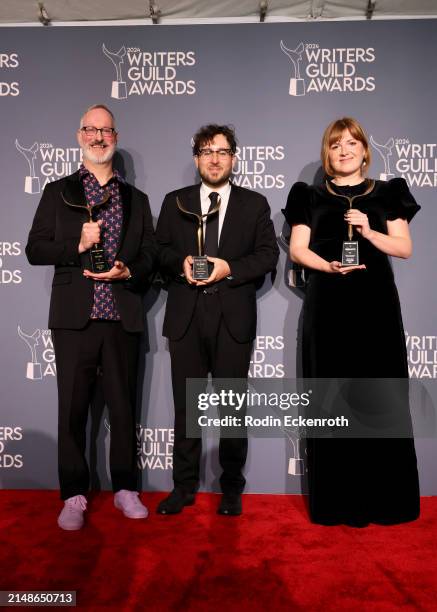Ted Cohen, Will Arbery, and Miriam Battye, winners of the "Outstanding Drama Series" award for "Succession" pose in the press room during the 2024...