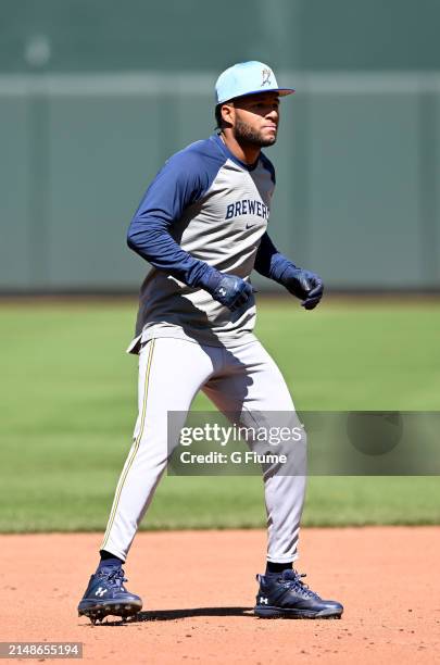 Jackson Chourio of the Milwaukee Brewers warms up before the game against the Baltimore Orioles at Oriole Park at Camden Yards on April 13, 2024 in...