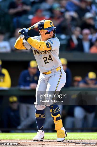 William Contreras of the Milwaukee Brewers bats against the Baltimore Orioles at Oriole Park at Camden Yards on April 13, 2024 in Baltimore, Maryland.