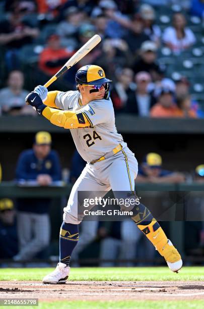 William Contreras of the Milwaukee Brewers bats against the Baltimore Orioles at Oriole Park at Camden Yards on April 13, 2024 in Baltimore, Maryland.