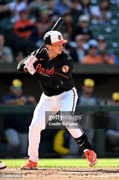 Adley Rutschman of the Baltimore Orioles bats against the Milwaukee Brewers at Oriole Park at Camden Yards on April 13, 2024 in Baltimore, Maryland.